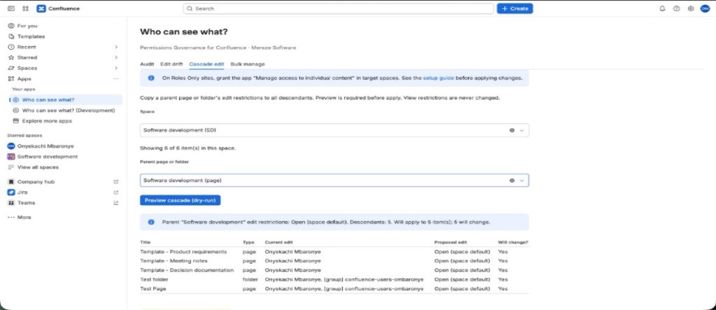 Permissions Governance for Confluence — cascade edit preview